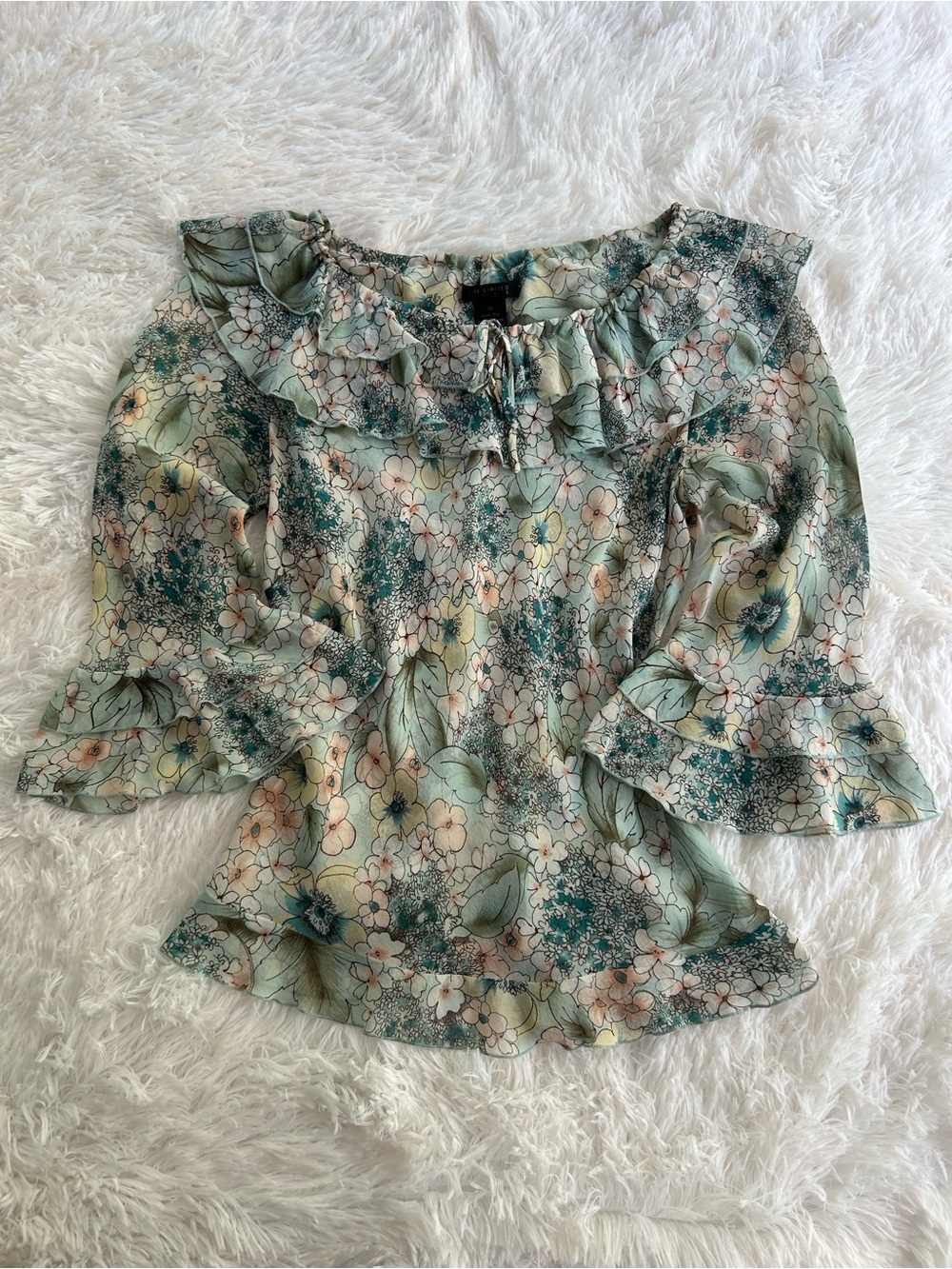 90s The Limited 100% Silk Floral Ruffle Peasant Blouse Medium